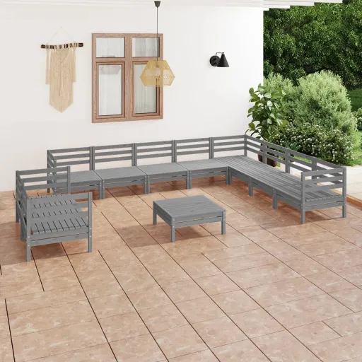 Conjunto Lounge de Jardim Pinho Maciço Cinzento (11 pcs)