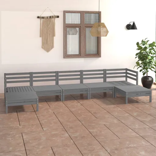 Conjunto Lounge de Jardim Pinho Maciço Cinzento (7 pcs)