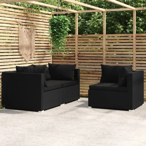 Conjunto Lounge de Jardim c/ Almofadões Vime PE Preto (3 pcs)