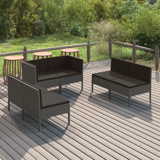 Conjunto Lounge de Jardim c/ Almofadões Vime PE Cinzento (6 pcs)