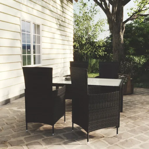 Conjunto Jantar Exterior com Almofadões Vime PE Preto (5 pcs)
