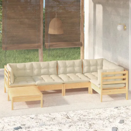 Conjunto Lounge Jardim c/ Almofadões Creme Pinho Maciço (6 pcs)
