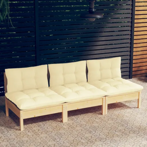 Sofá de Jardim 3 Lugares com Almofadões Cor Creme Pinho Maciço