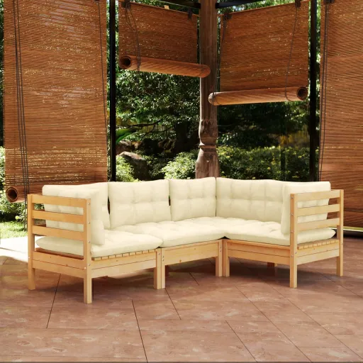 Conjunto Lounge de Jardim c/ Almofadões Cor Creme Pinho (4 pcs)