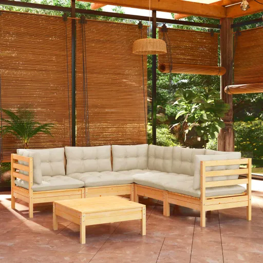 Conjunto Lounge Jardim c/ Almofadões Creme Pinho Maciço (6 pcs)