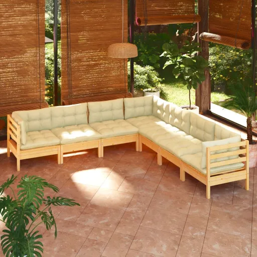 Conjunto Lounge Jardim c/ Almofadões Creme Pinho Maciço (7 pcs)
