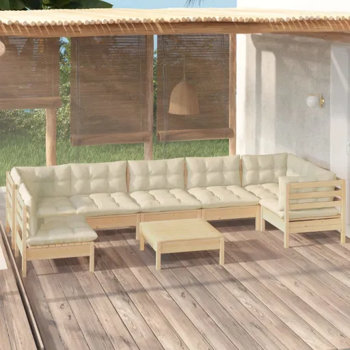 Conjunto Lounge de Jardim c/ Almofadões Cor Creme Pinho (8 pcs)