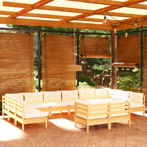 Conjunto Lounge Jardim c/ Almofadões Creme Pinho Maciço (12 pcs)
