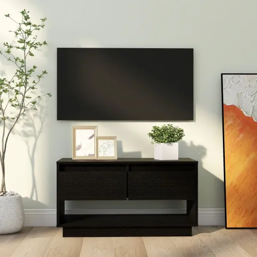 Móvel de TV 74x34x40 cm Madeira de Pinho Maciça Preto