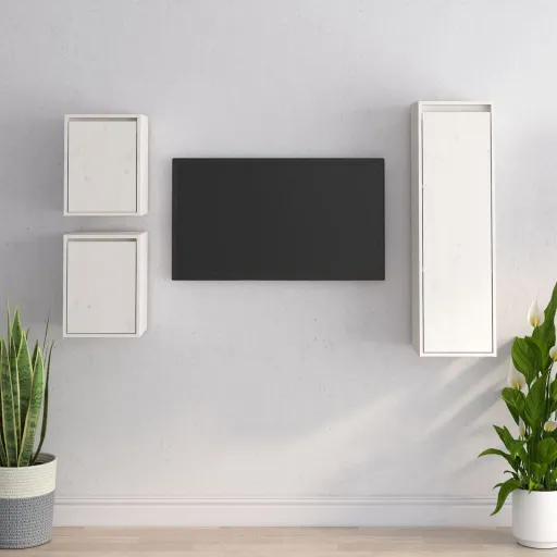 Móveis de TV   Madeira de Pinho Maciça Branco (3 pcs)