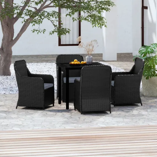 Conjunto de Jantar p/ Jardim c/ Almofadões Preto (5 pcs)