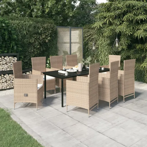 Conjunto de Jantar para Jardim com Almofadões Bege (9 pcs)
