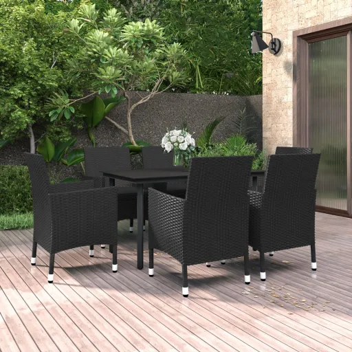 Conjunto de Jantar p/ Jardim c/ Almofadões Vime PE/Vidro (7 pcs)