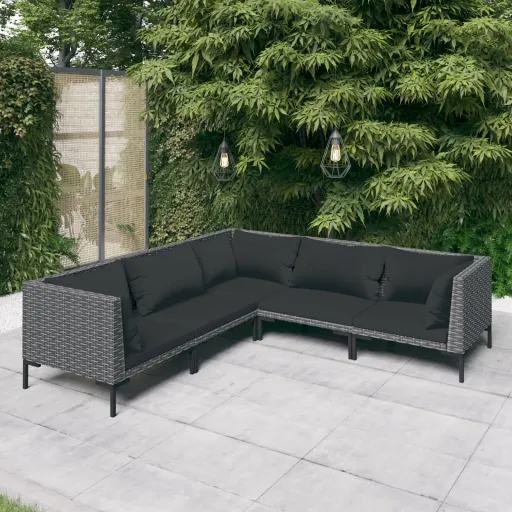Conj. Lounge Jardim c/ Almofadões Vime PE Cinzento-Escuro (5 pcs)