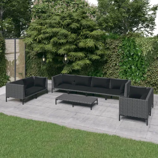 Conj. Lounge Jardim c/ Almofadões Vime PE Cinza-Escuro (9 pcs)