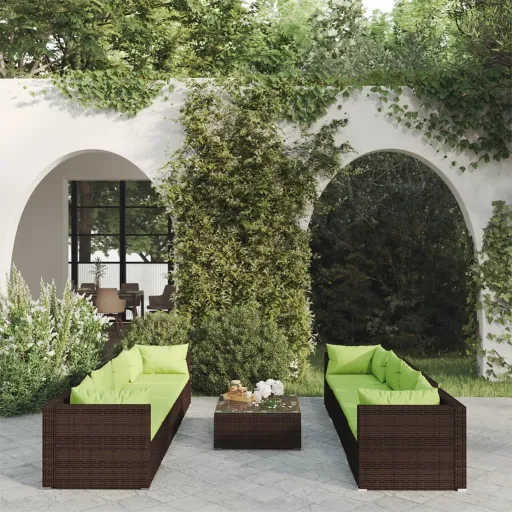 Conjunto Lounge de Jardim c/ Almofadões Vime PE Castanho (9 pcs)