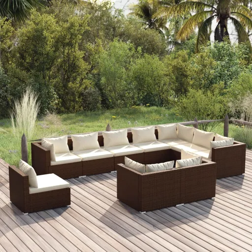 Conjunto Lounge de Jardim c/ Almofadões Vime PE Castanho (10 pcs)