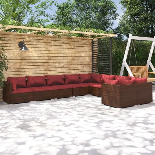 Conjunto Lounge Jardim c/ Almofadões Vime PE Castanho (9 pcs)