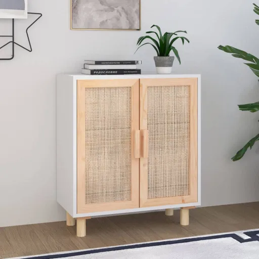 Aparador 60x30x70 cm Madeira Pinho Maciça/Vime Natural Branco