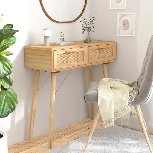 Mesa Consola 80x30x75 cm Pinho Maciço e Vime Natural Castanho