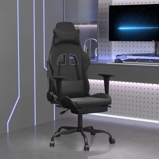 Cadeira Gaming Massagens c/ Apoio Pés Couro Artif. Preto