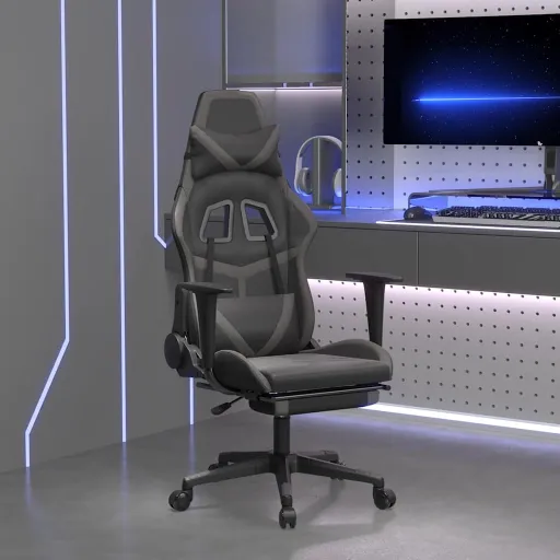 Cadeira Gaming Massagens c/ Apoio Pés Couro Artif. Preto/Cinza