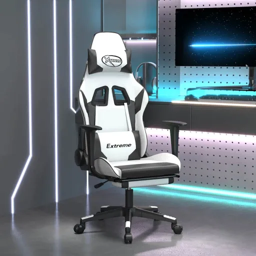 Cadeira Gaming Massagens c/ Apoio Pés Couro Artif. Branco/Preto