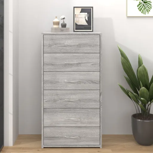 Aparador c/ 6 Gavetas 50x34x96cm Derivados Madeira Cinza Sonoma
