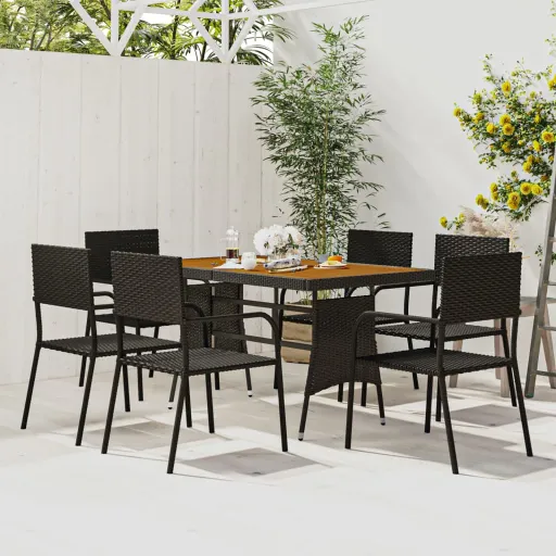 Conjunto de Jantar p/ Exterior Vime PE Preto (7 pcs)