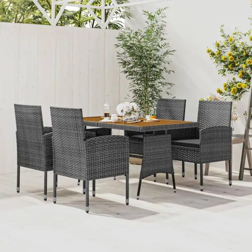Conjunto de Jantar para Exterior Vime PE Cinzento (5 pcs)