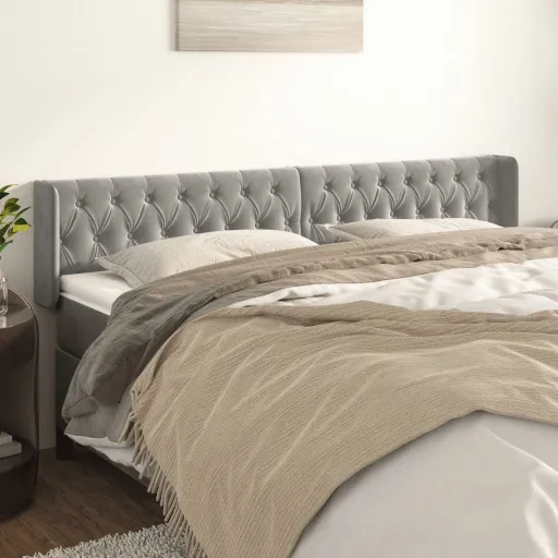 Cabeceira de Cama c/ Abas Veludo 203x16x78/88 cm Cinzento-Claro