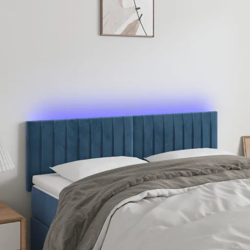 Cabeceira de Cama c/ Luzes LED Veludo 144x5x78/88cm Azul-Escuro