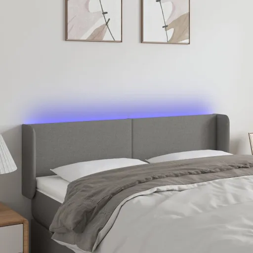 Cabeceira Cama c/ Luzes LED Tecido 147x16x78/88cm Cinza-Escuro