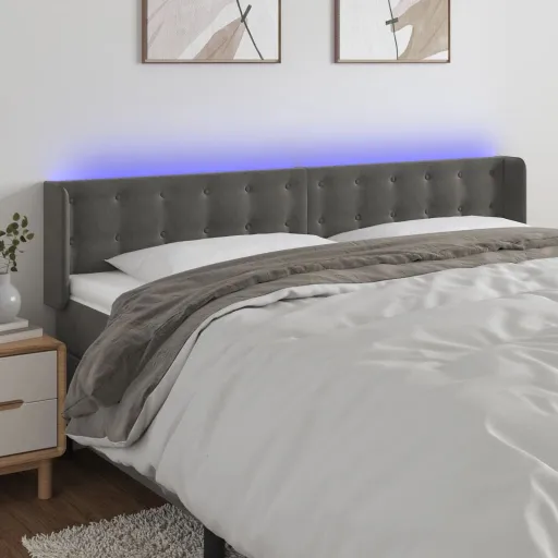 Cabeceira Cama c/ Luzes LED Veludo 163x16x78/88cm Cinza-Escuro