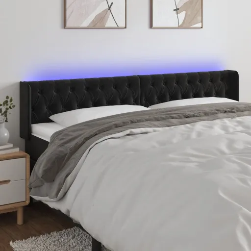 Cabeceira de Cama c/ Luzes LED Veludo 183x16x78/88 cm Preto