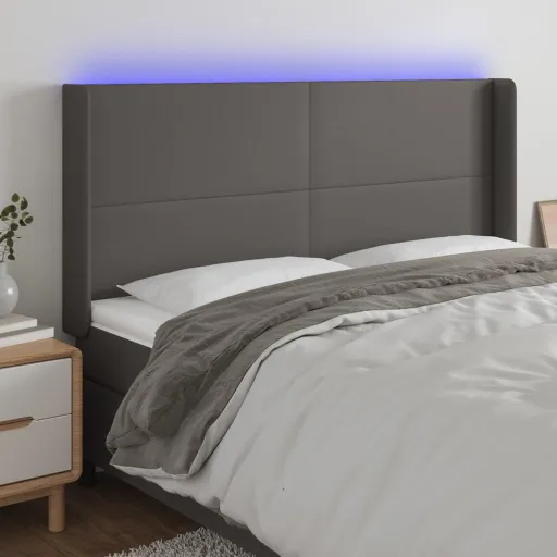 Cabeceira Cama c/ LED Couro Artif. 163x16x118/128 cm Cinzento