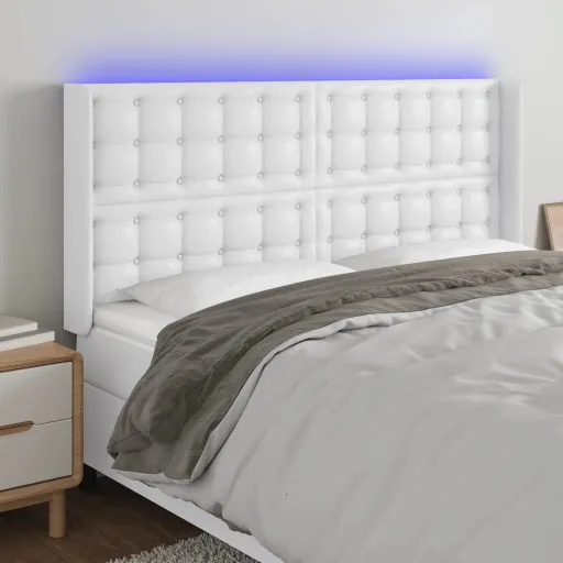 Cabeceira Cama c/ LED Couro Artificial 203x16x118/128 cm Branco