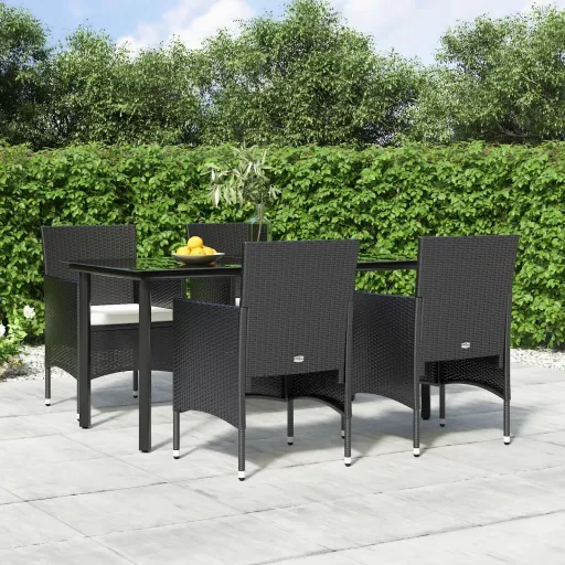 Conjunto de Jantar p/ Jardim c/ Almofadões Preto (5 pcs)