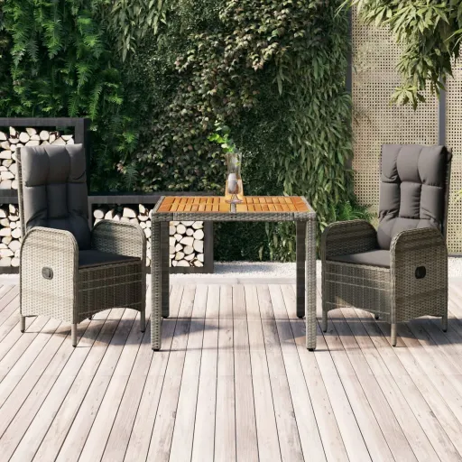 Conjunto de Jantar p/ Jardim c/ Almofadões Vime PE Cinza (3 pcs)