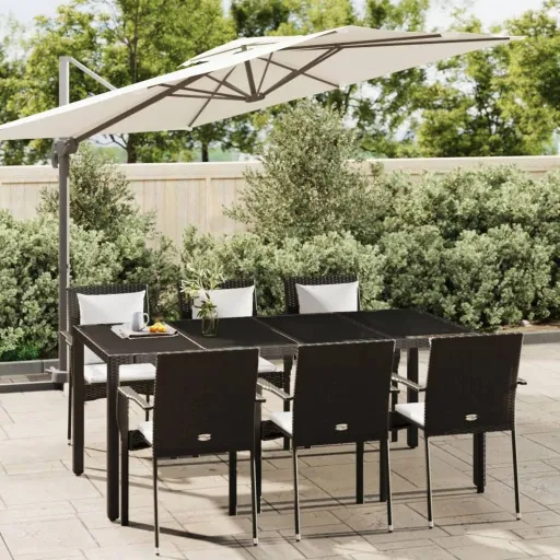 Conjunto de Jantar p/ Jardim c/ Almofadões Vime PE Preto (7 pcs)