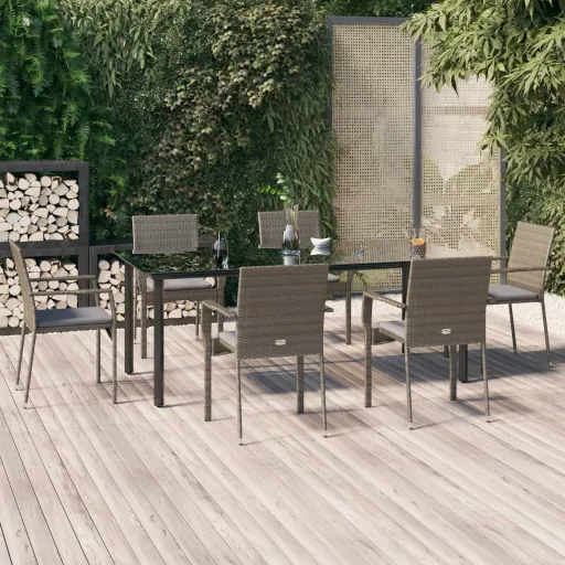 Conjunto Jantar Jardim c/ Almofadões Vime PE Preto/Cinza (7 pcs)