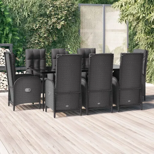 Conjunto de Jantar p/ Jardim c/ Almofadões Vime PE Preto (9 pcs)
