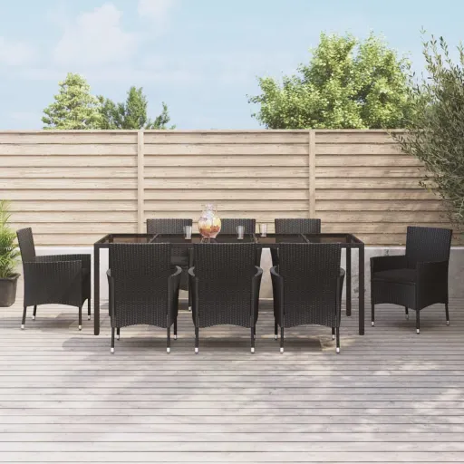 Conjunto de Jantar p/ Jardim c/ Almofadões Vime PE Preto (9 pcs)