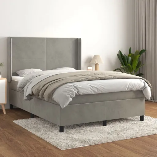 Cama com Molas/Colchão 140x190 cm Veludo Cinzento-Claro