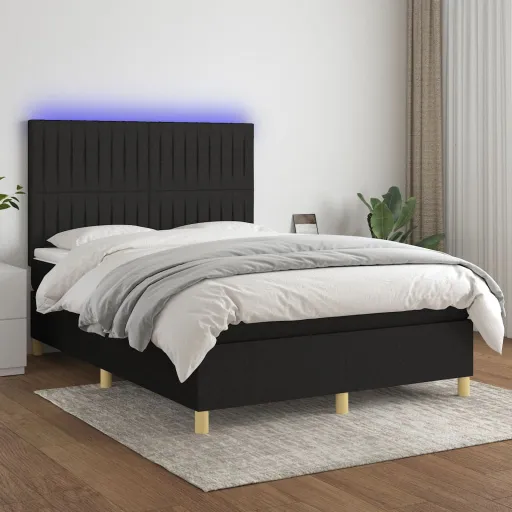 Cama Box Spring c/ Colchão e LED 140x190 cm Tecido Preto