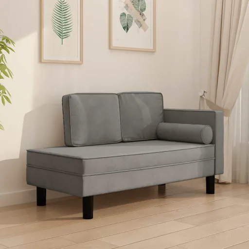 Chaise Longue com Almofadões e Rolo Veludo Cinza-Claro