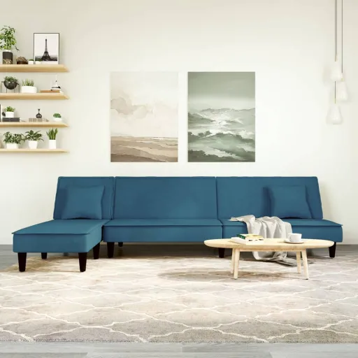Sofá-Cama em Forma de L 255x140x70 cm Veludo Azul