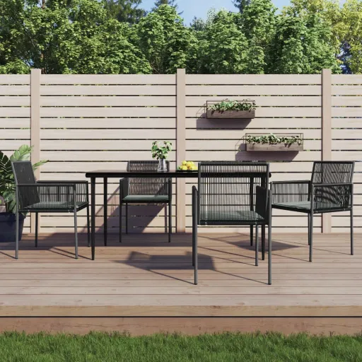 Conjunto Jantar p/ Jardim c/ Almofadões Vime PE/Aço Preto (5 pcs)