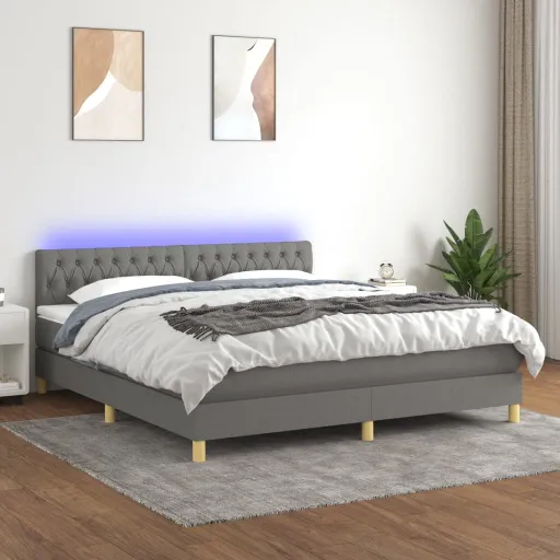 Cama Box Spring c/ Colchão e LED 160x200 cm Tecido Cinza-Escuro