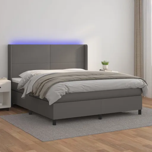 Cama Box Spring c/ Colchão/LED 180x200cm Couro Artificial Cinza